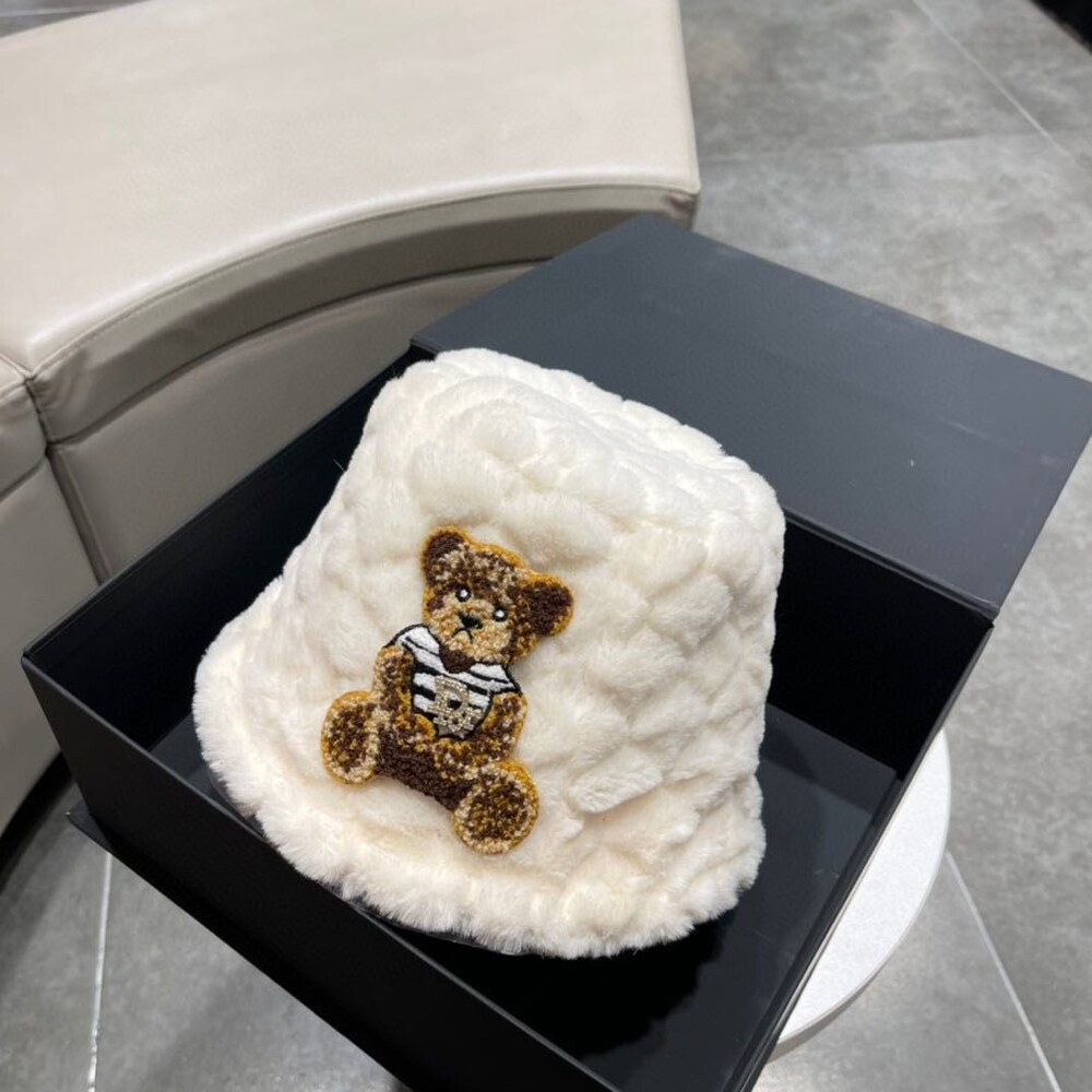 Dior Teddy Bear Embroidered White Faux Fur Bucket Hat - Picture 6 of 8